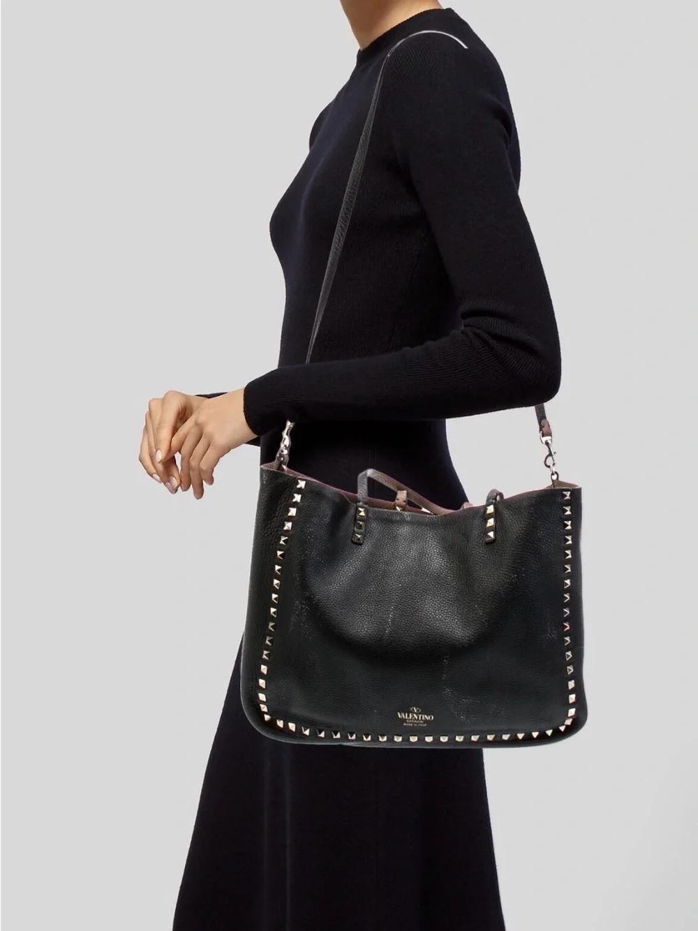 Valentino Black Leather Rockstud Tote with Detachable Strap